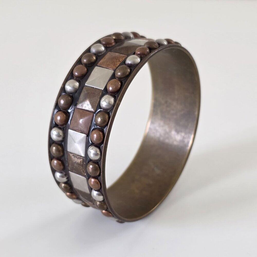 Vintage Wide Mixed Metal Studded Bangle Bracelet Copper Brass Silver One Size - Picture 8 of 11